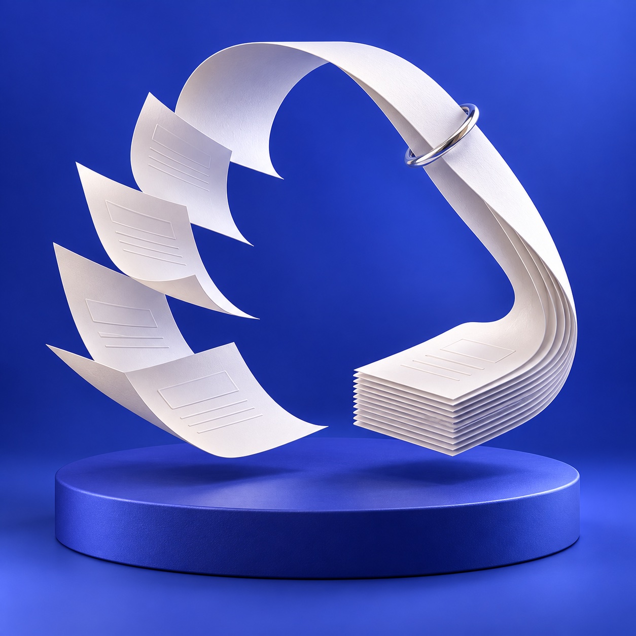 A white paper ribbon flows from loose sheets into an orderly stack of documents against a vivid blue background.